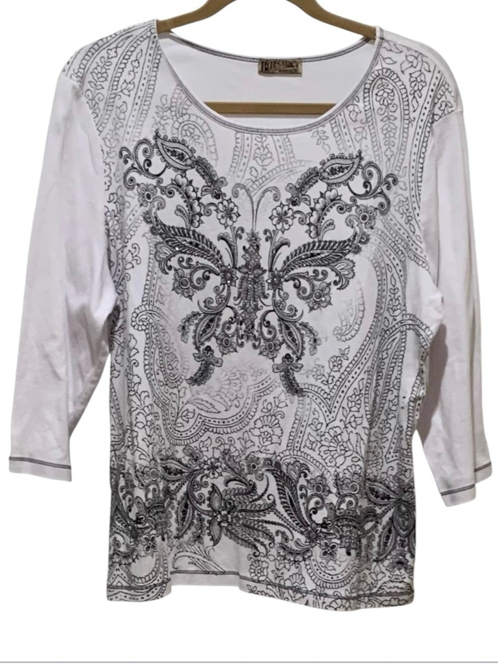 Blue Canyon Women's White Floral 3/4 Sleeve Blingy Butterfly Paisley Print 3X